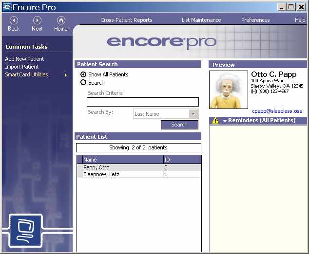 Encore Pro CPAP Software Home Screen